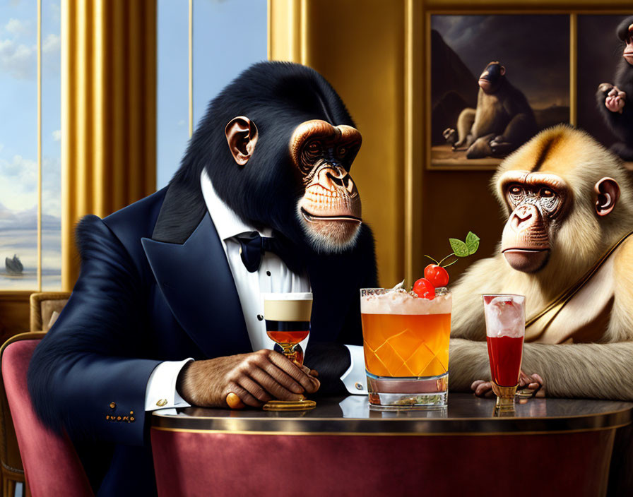 Anthropomorphic primates in formal attire at bar with monkey painting