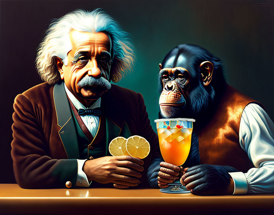 Whimsical illustration of human and chimpanzee sharing a drink