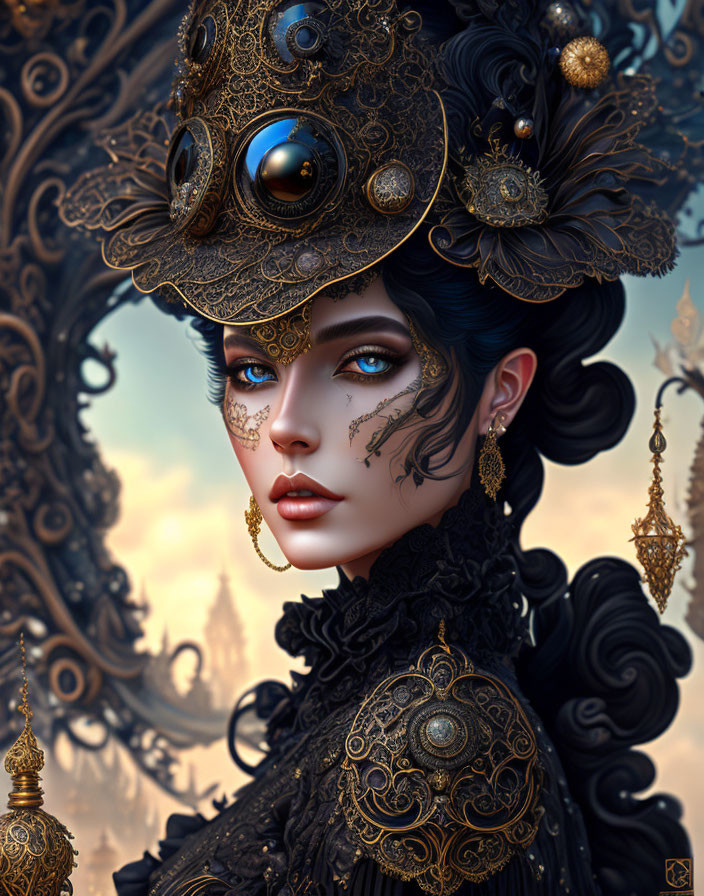 Intricate digital artwork of a woman with golden headwear and ornate jewelry