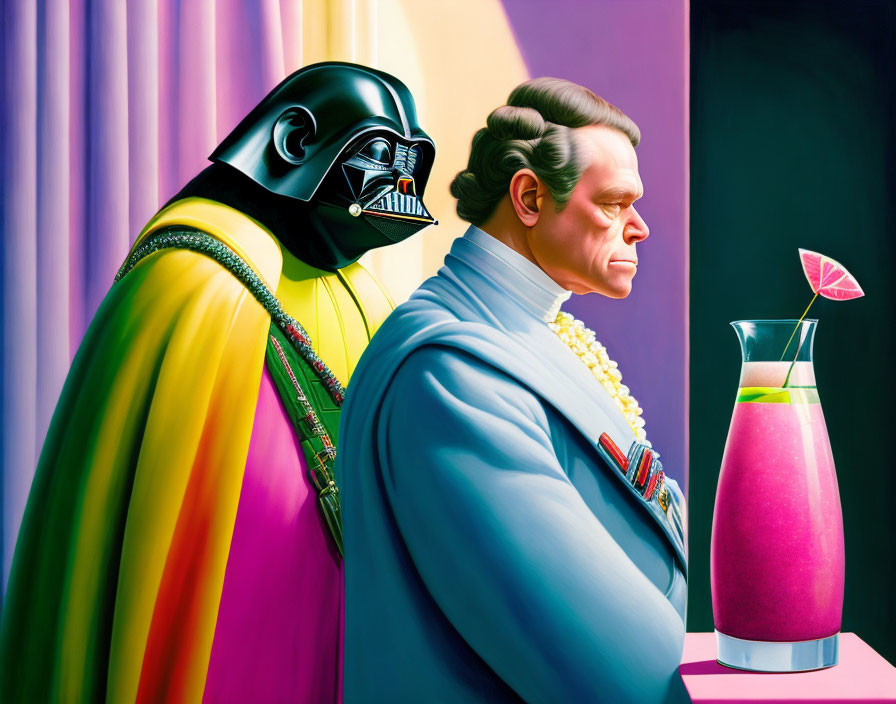 Man in Blue Suit with Rainbow Cape Figure and Darth Vader Helmet Next to Pink Drink with Lime