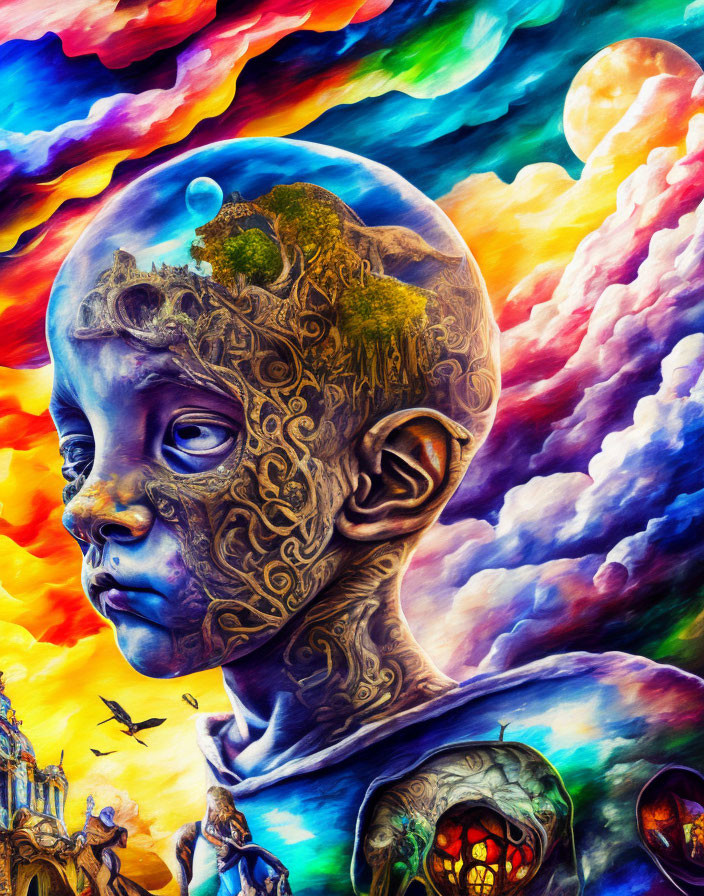 Colorful child's face with tree inside head and fantastical backdrop