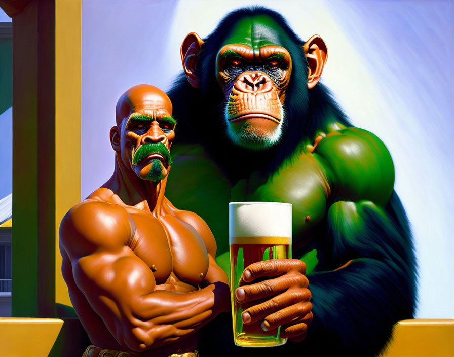 Muscular humanoid with chimpanzee head and bald figure with beer in hand against house backdrop.