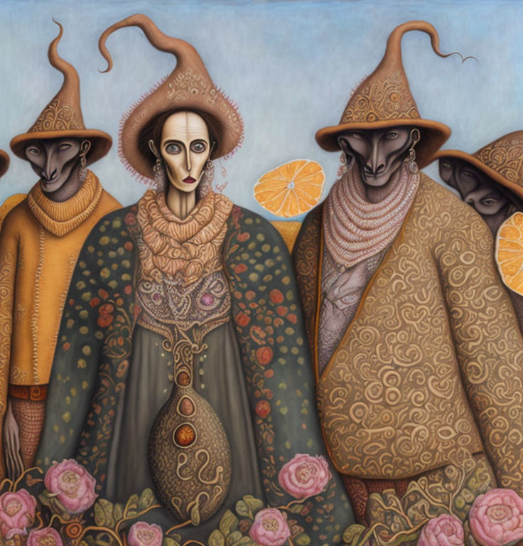 Stylized figures with elongated faces and pointed hats in surreal portrait