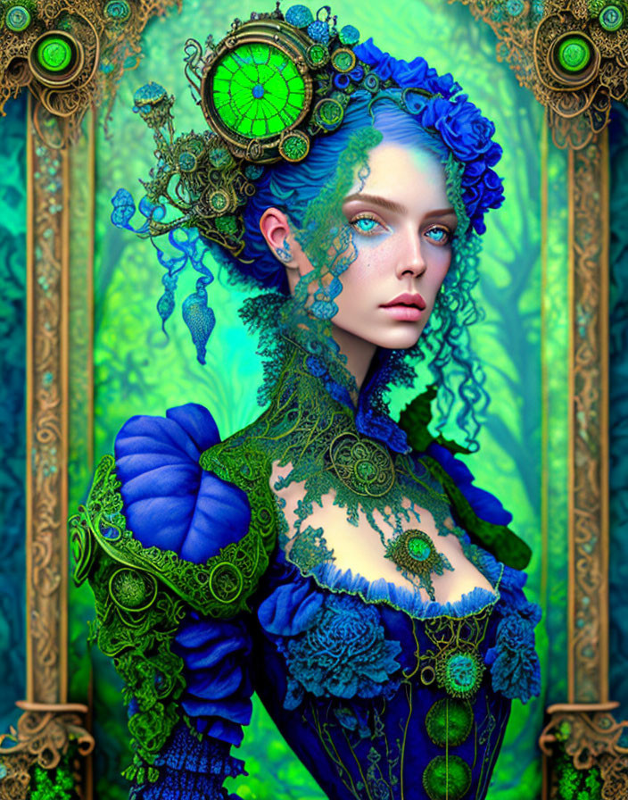 Stylized portrait of a woman with blue flowers and clock elements on teal backdrop