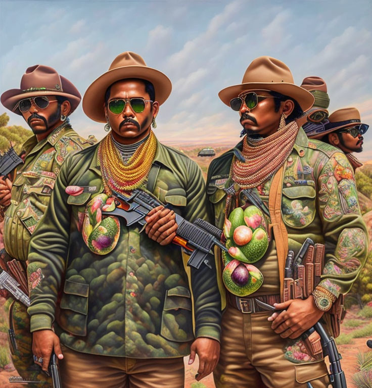 Three men in fruit-themed camouflage outfits and cowboy hats with rifles in a pastoral setting.