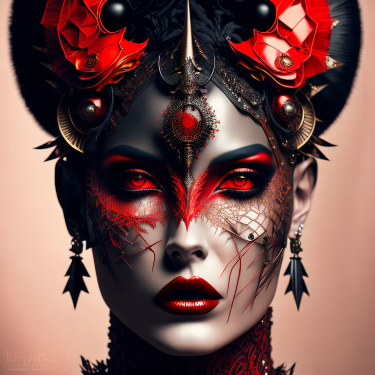 Elaborate red and black makeup portrait with ornate floral headgear