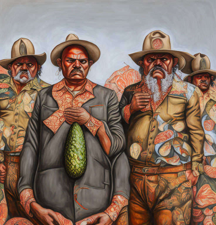 Four stern men in cowboy hats and ornate suits holding a large avocado
