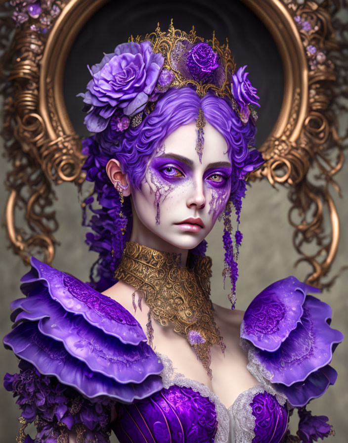Stylized portrait of woman with purple hair and Victorian attire