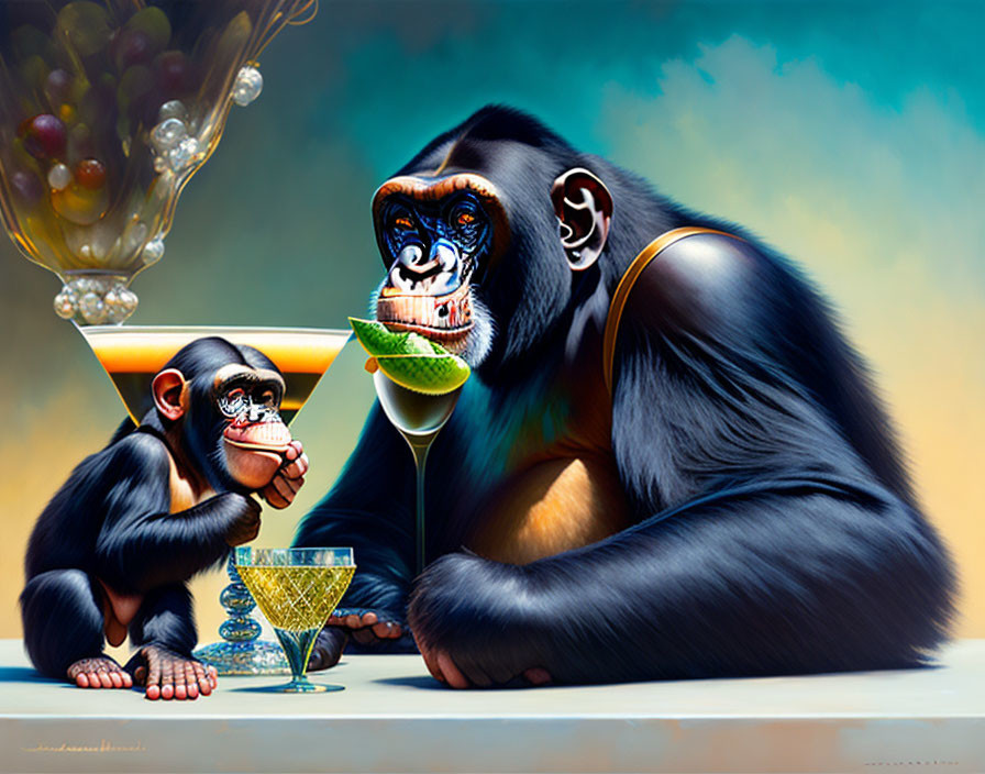 Whimsical painting of gorilla and baby chimp with martini and fruit bowl