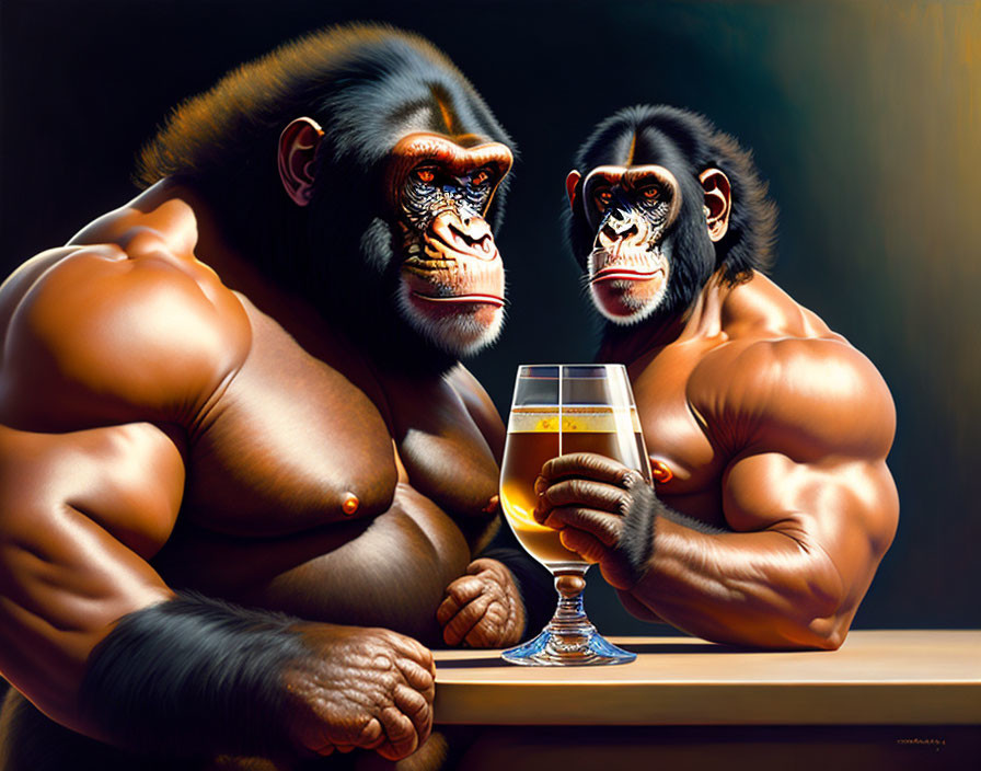 Muscular anthropomorphic apes with beer at bar on black background