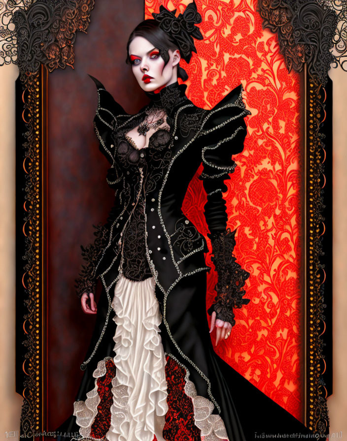Elaborate Gothic outfit with black lace details on a woman against red backdrop