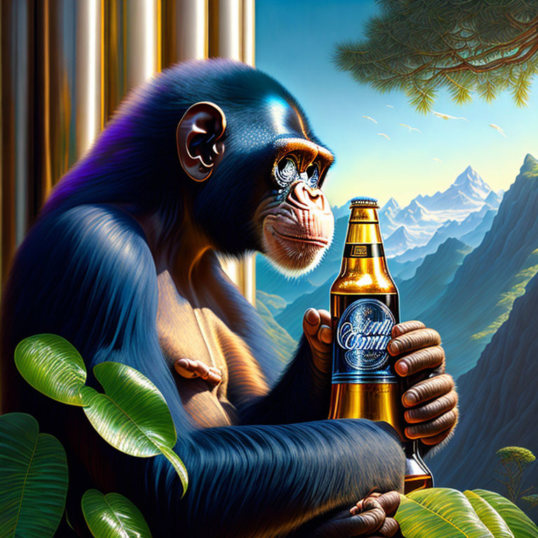 Monkey holding intricate beer bottle in natural landscape with mountains and pine trees