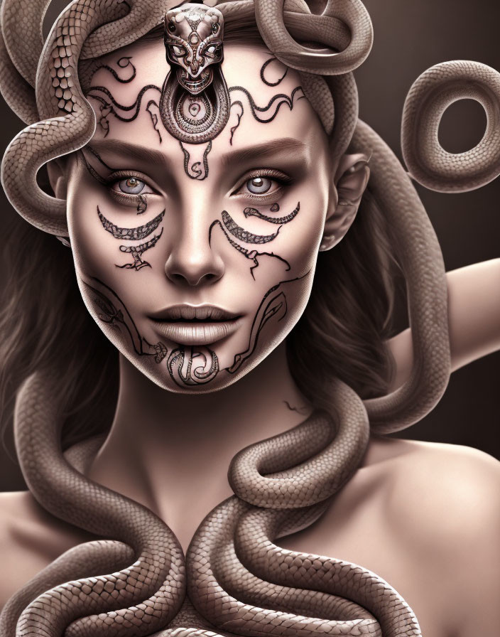 Woman with snake-themed body art and live snakes in hair, blue eyes.
