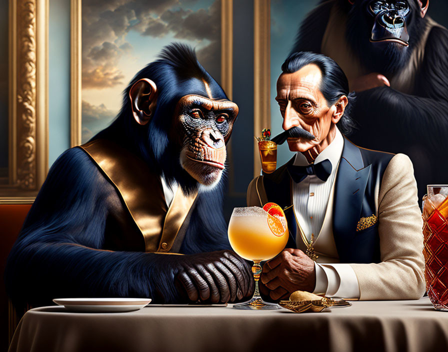Chimpanzee and gorilla in suits at bar with cocktail