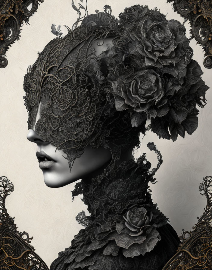 Monochromatic portrait with floral and lace motif