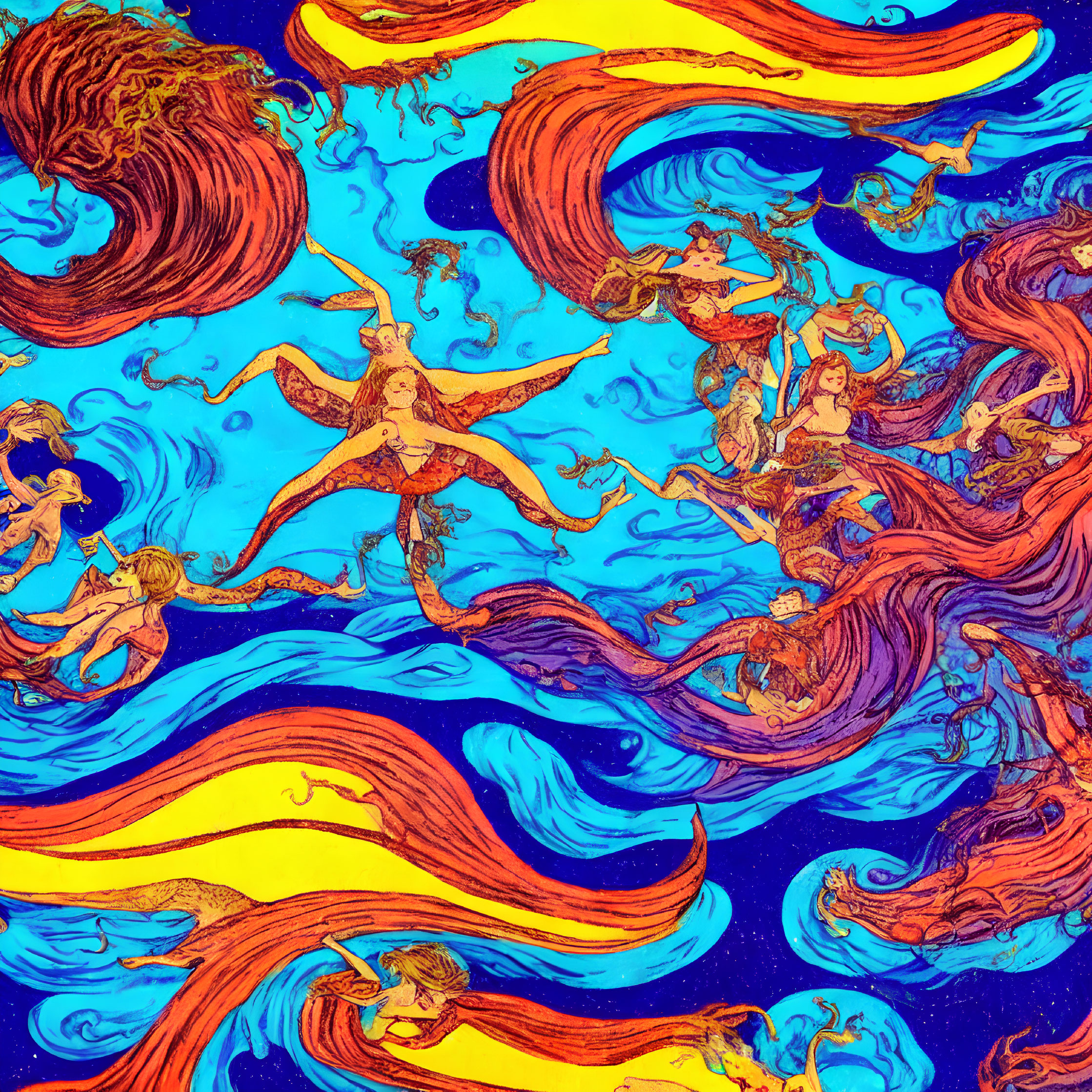 Colorful Mythological Sea Creatures in Swirling Waves and Starry Sky