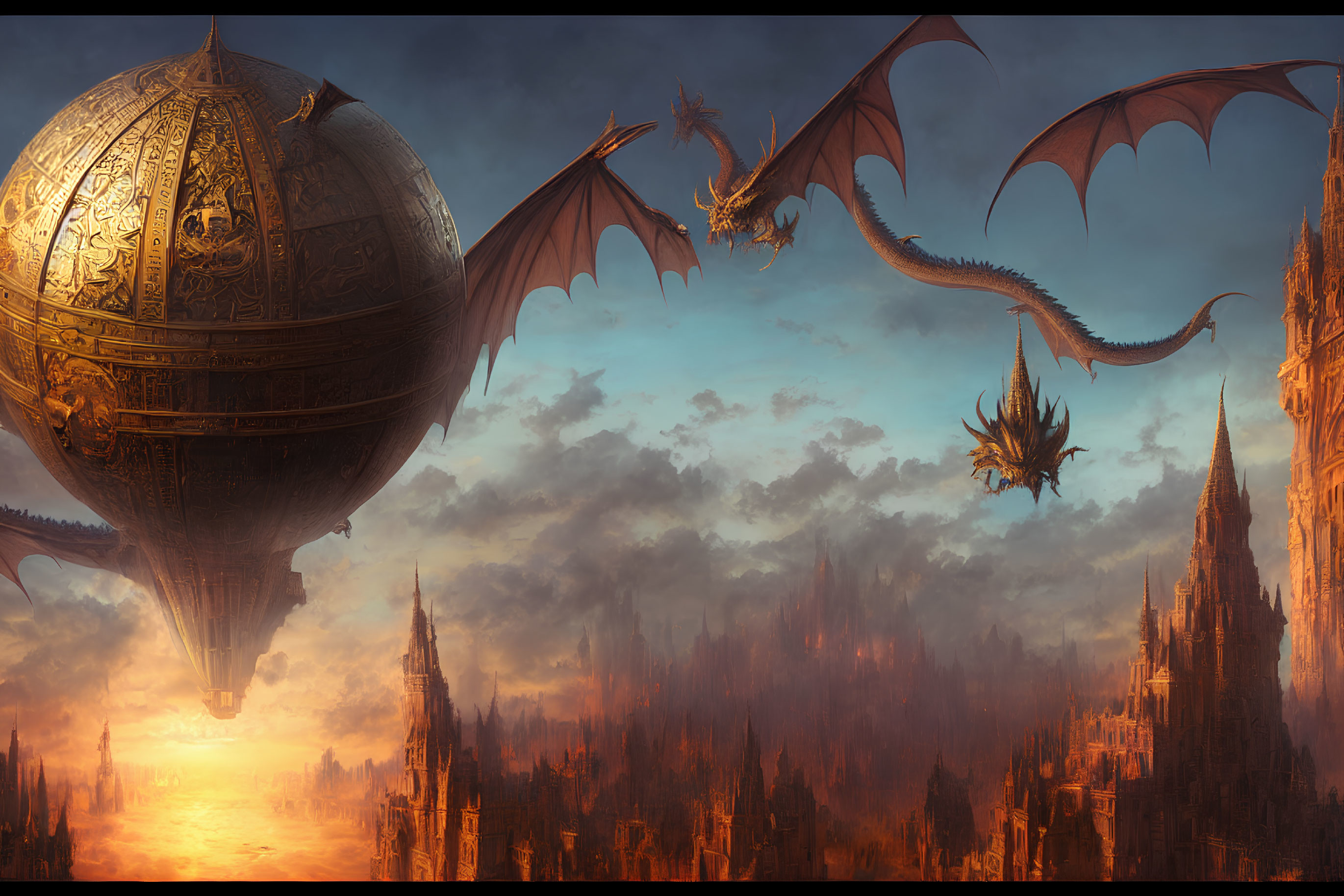Fantastical medieval cityscape with dragons and ornate spherical airship