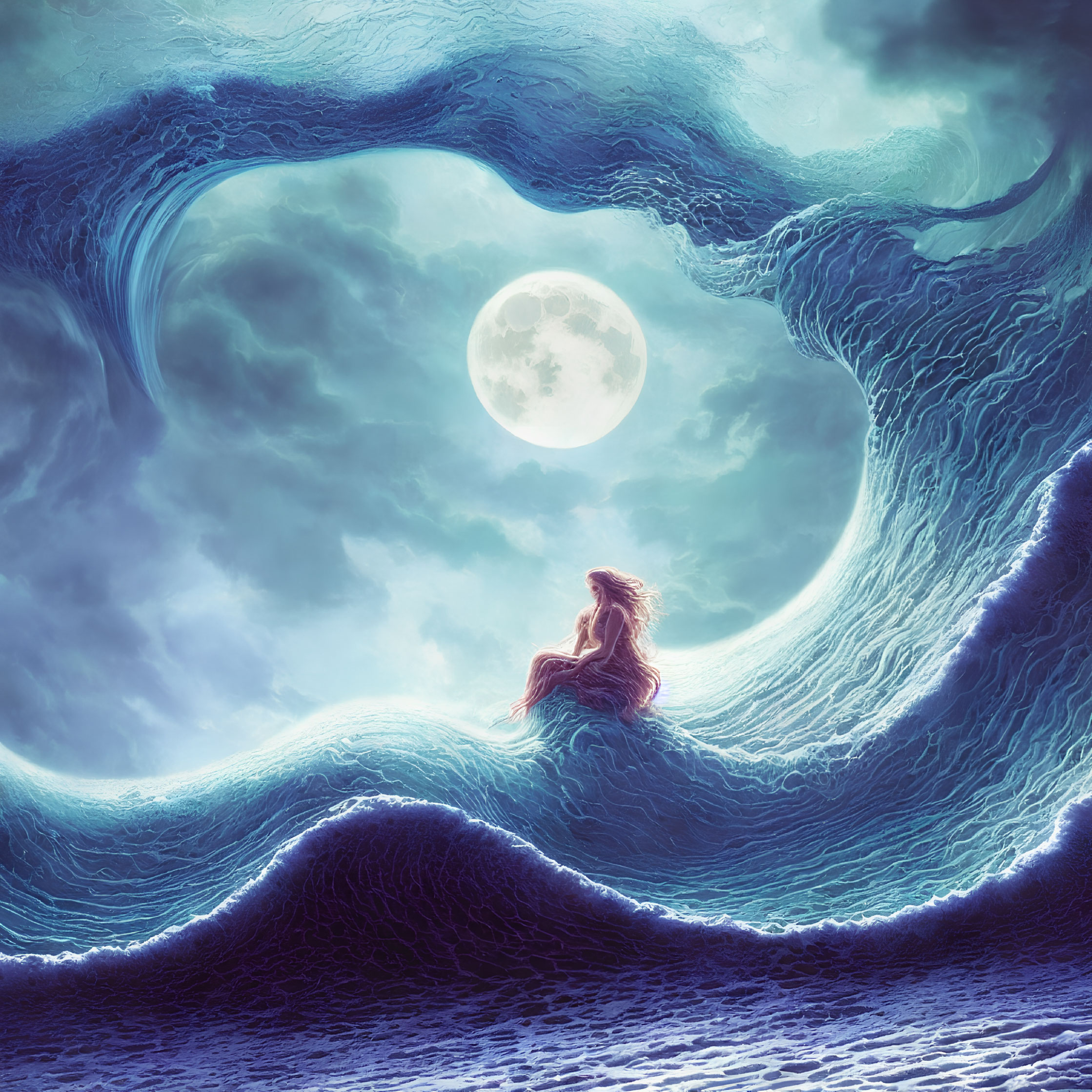 Surreal image: Woman on wave under moonlit sky