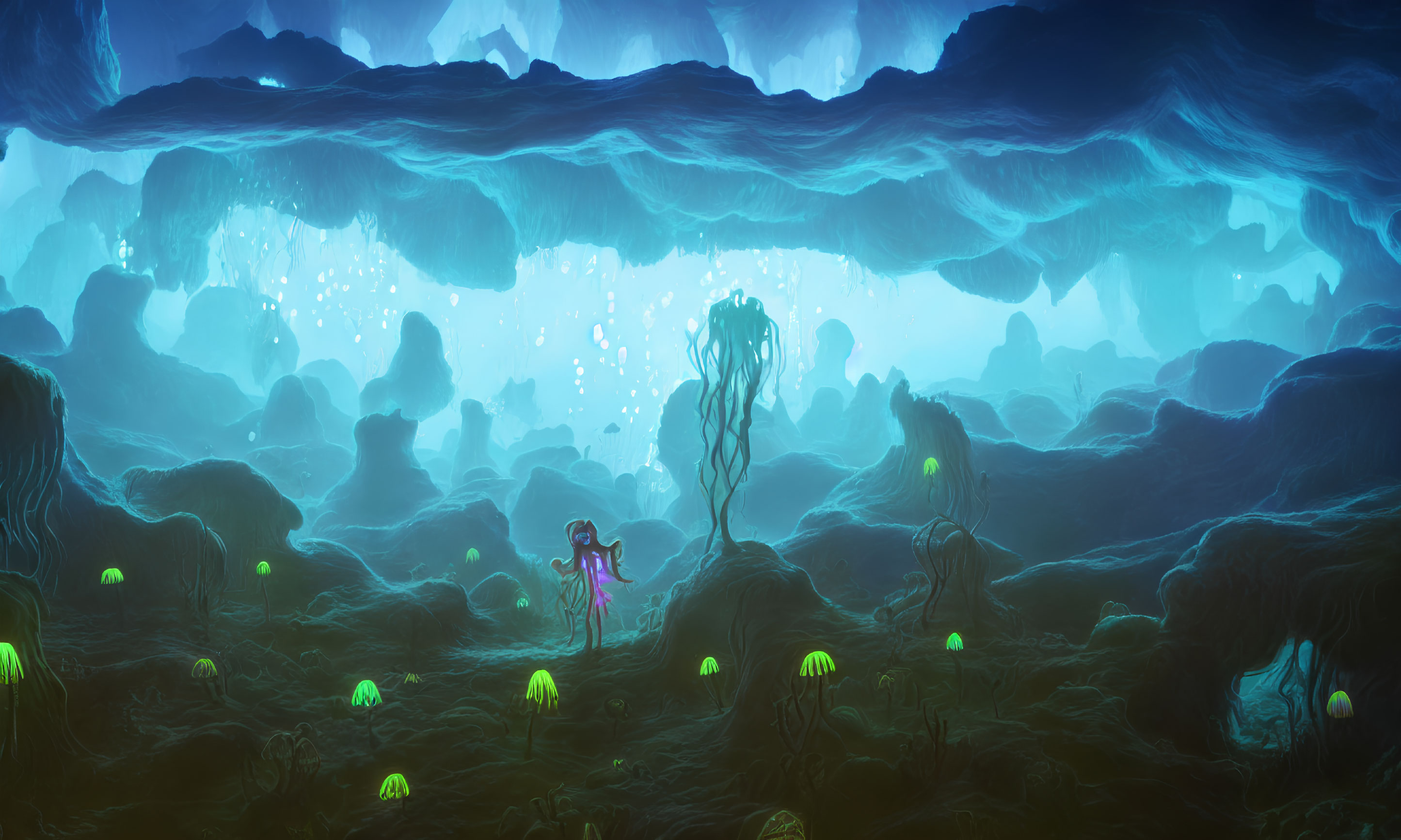 Underwater scene with mermaid, jellyfish, and glowing flora in deep blue cave