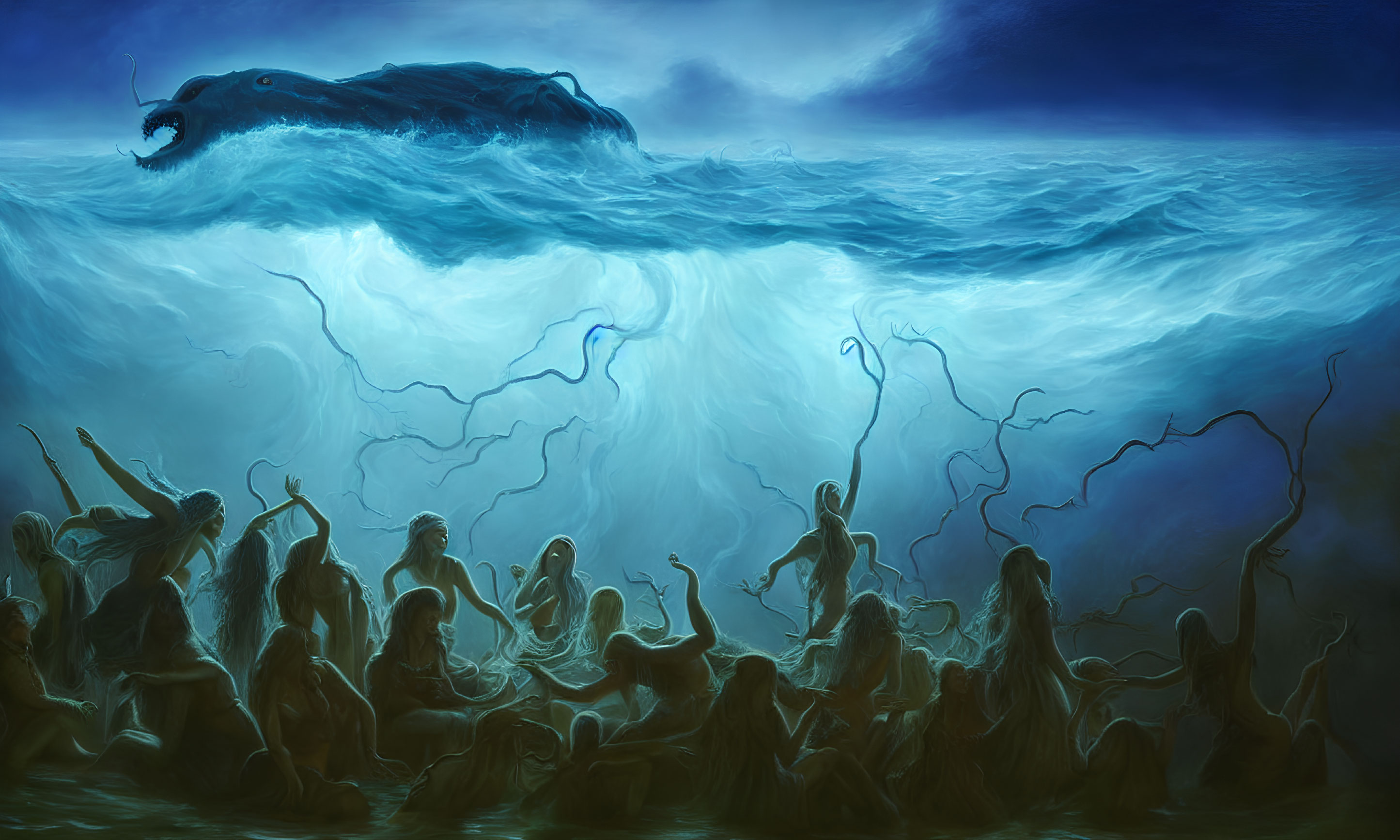 Digital painting of people in turbulent sea with spectral tentacles & monstrous creature.