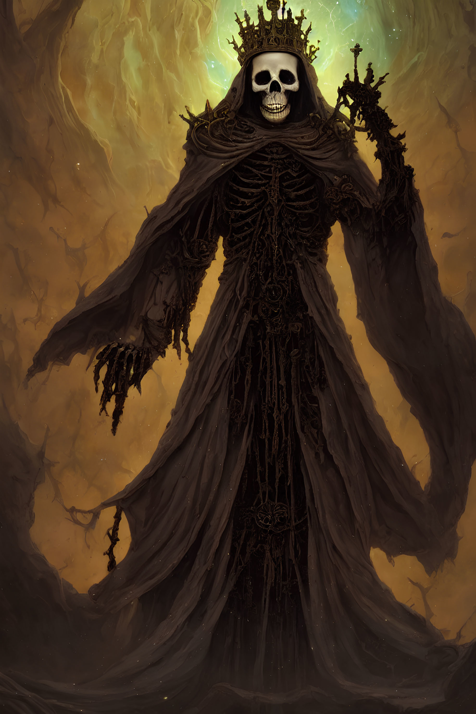 Skeletal Figure in Ornate Robes and Crown with Flames Background