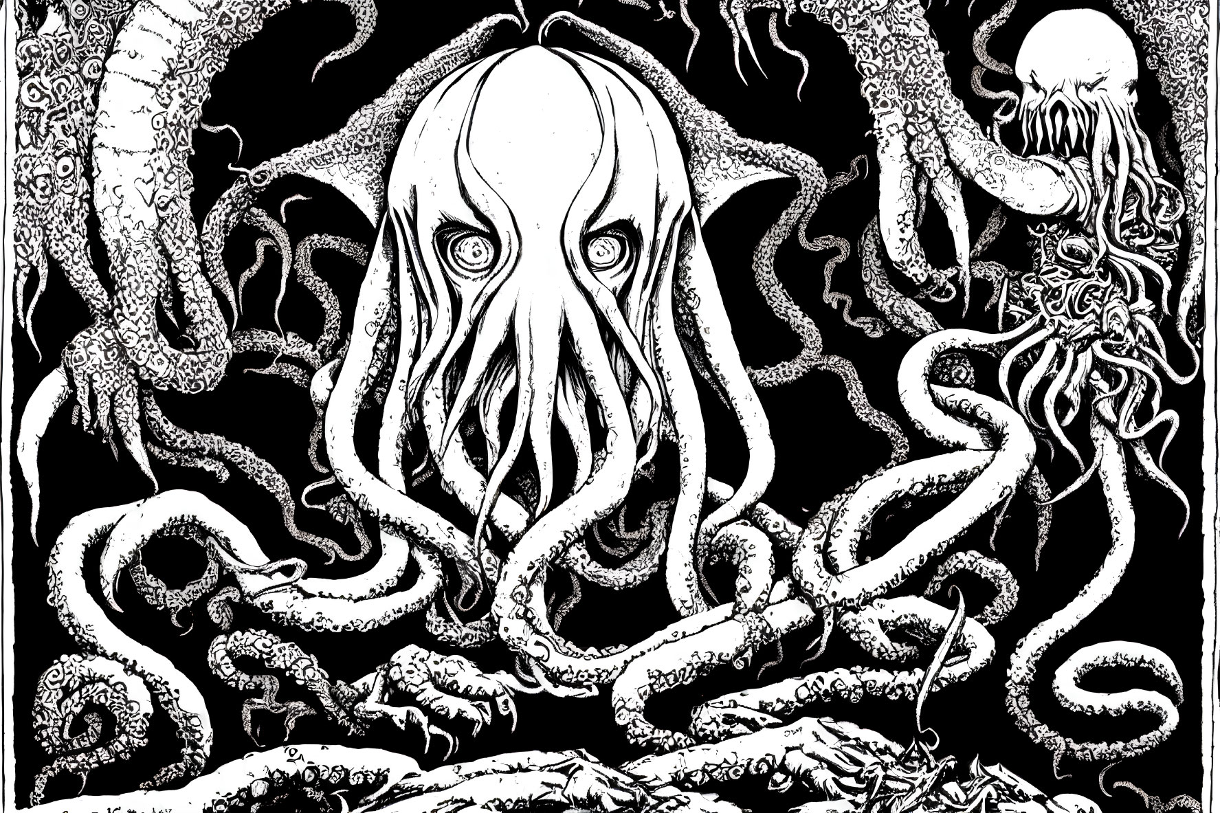 Detailed monochrome octopus illustration with ornate patterns and serpentine tentacles