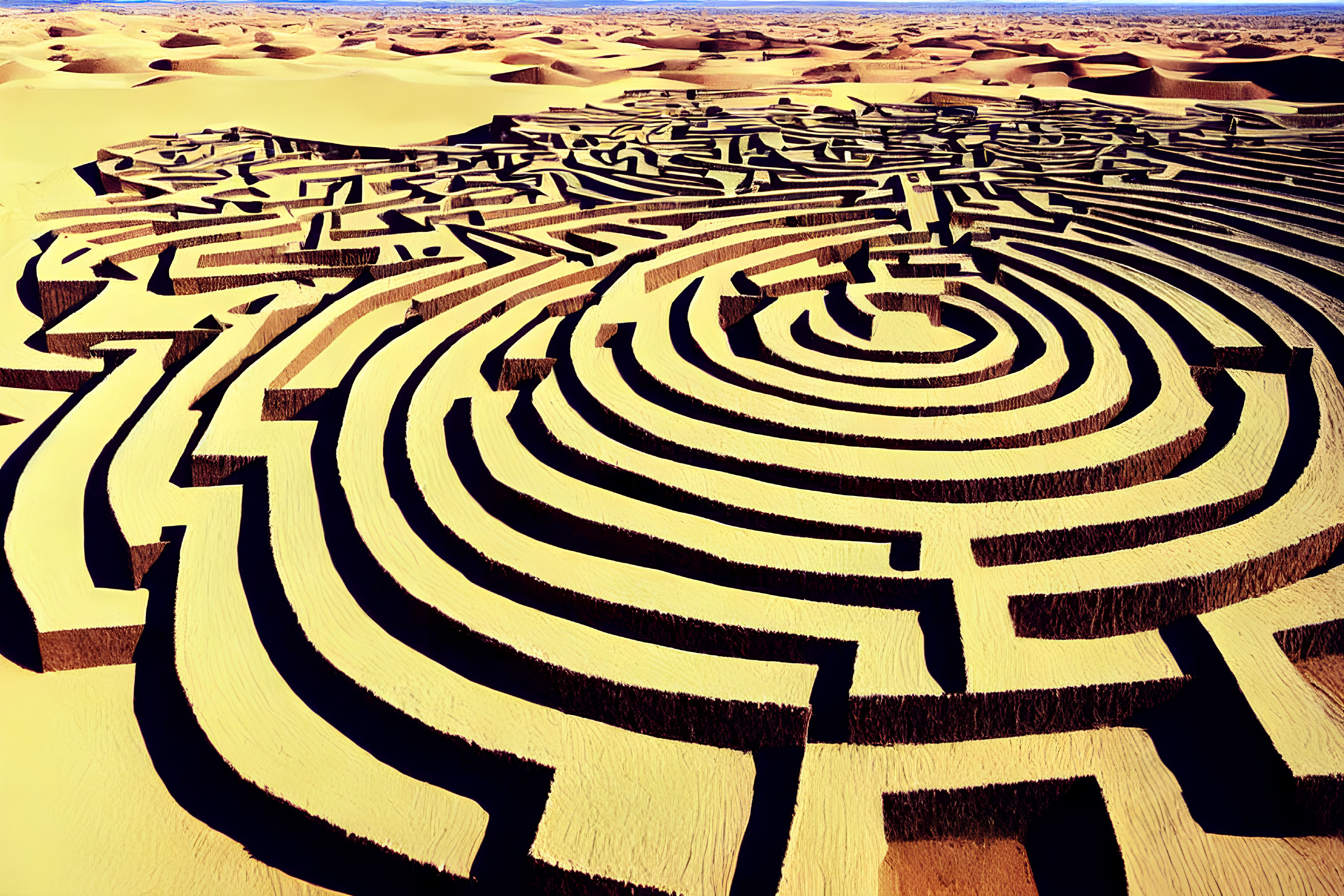 Geometric labyrinth pattern in vast desert landscape