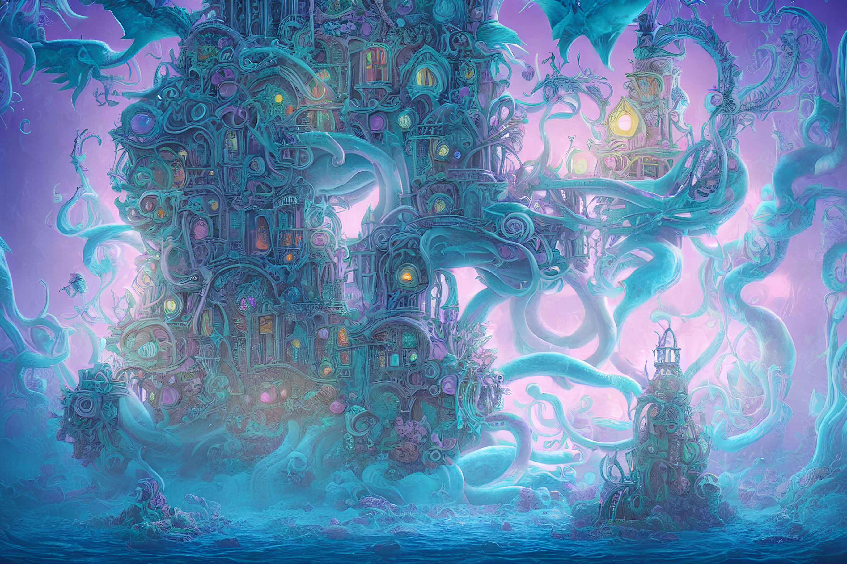 Intricate towers and swirling tentacles in a fantastical underwater city