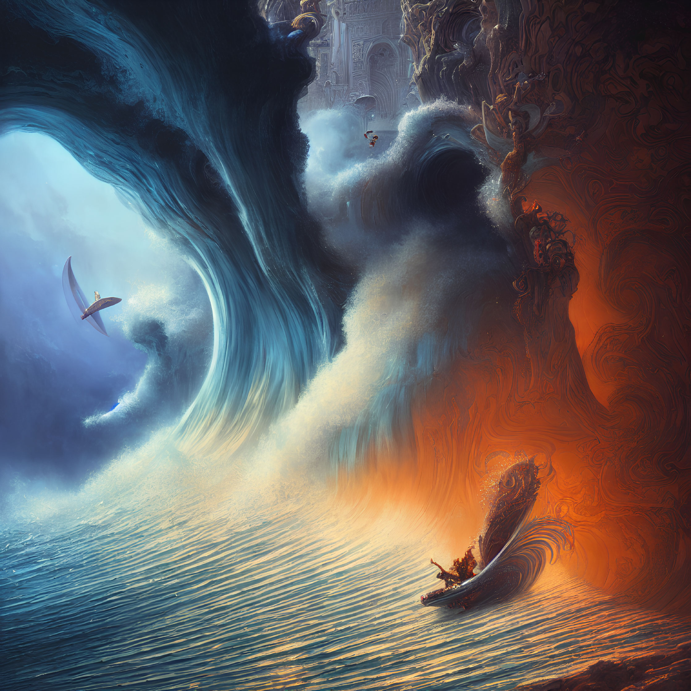 Fantastical painting of small boat in swirling ocean waves with dragon and castle
