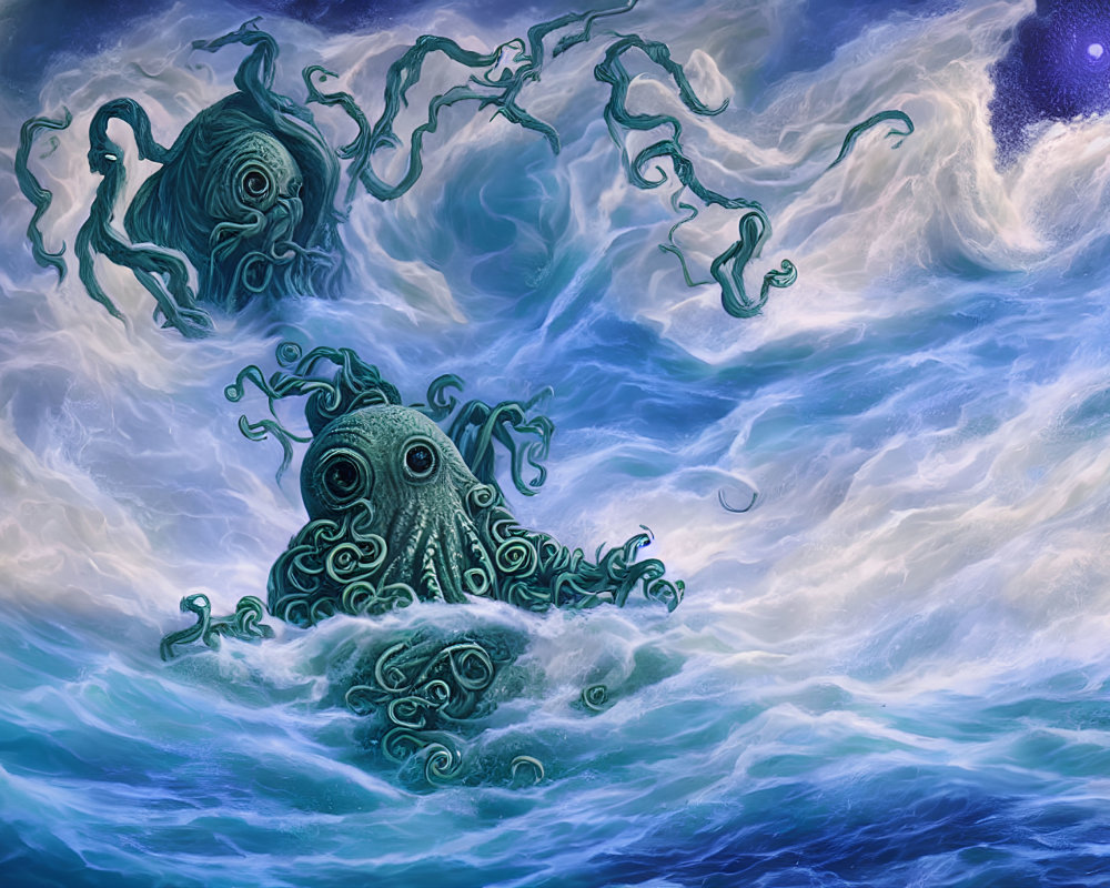 Fantastical sea scene with stylized octopus-like creatures in blue and white waves under a star