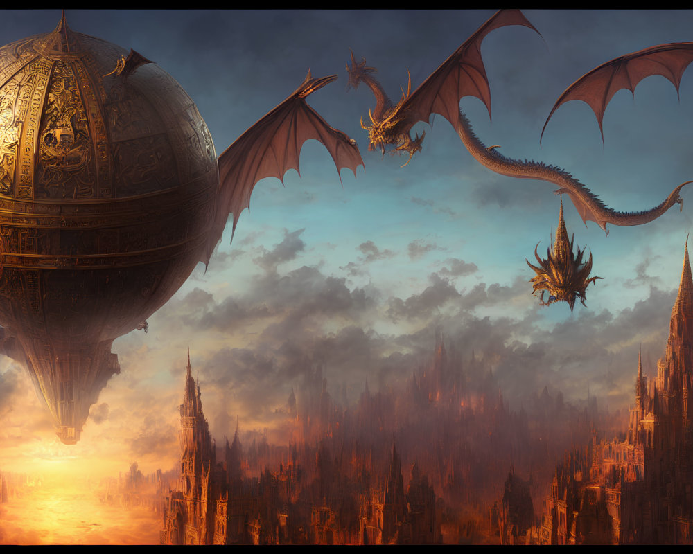Fantastical medieval cityscape with dragons and ornate spherical airship