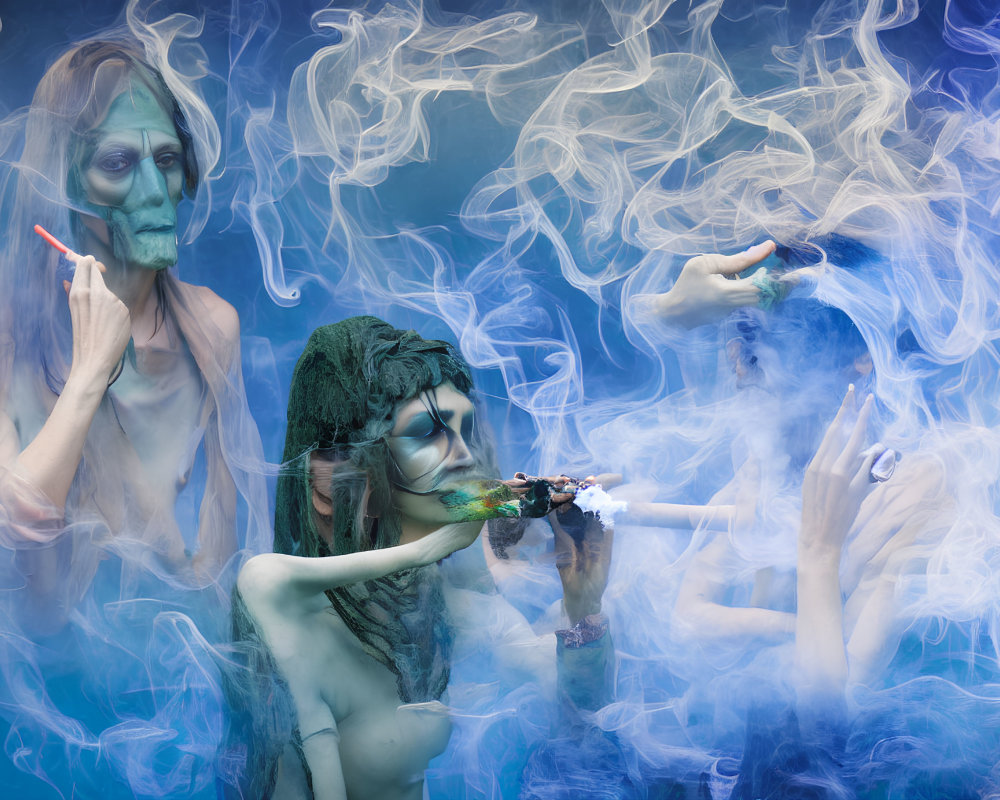 Two individuals in mythical creature body paint amidst swirling smoke rings and smoking object.