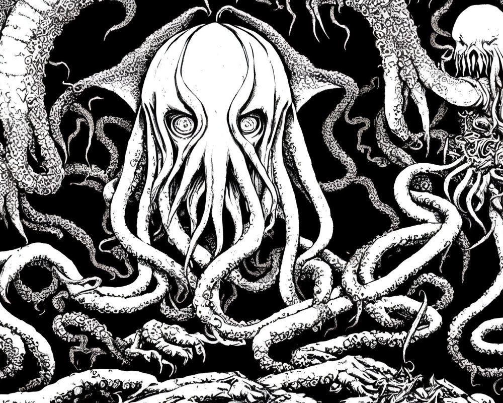 Detailed monochrome octopus illustration with ornate patterns and serpentine tentacles