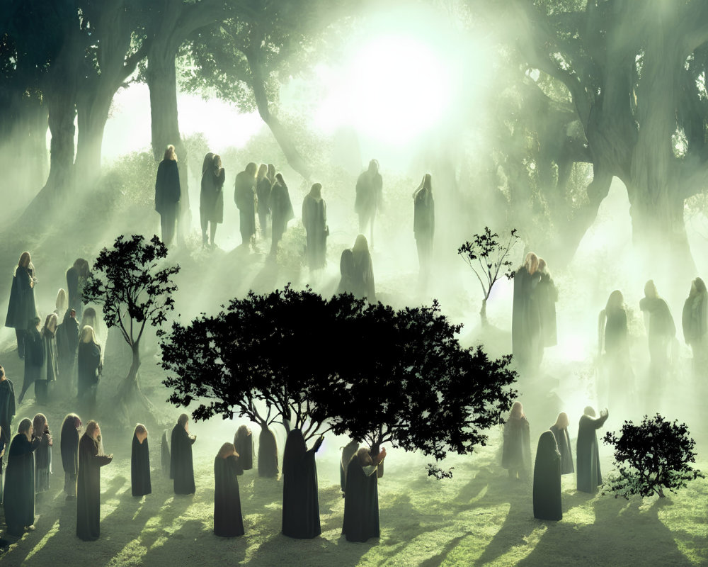 Mystical forest scene with robed figures in ethereal fog
