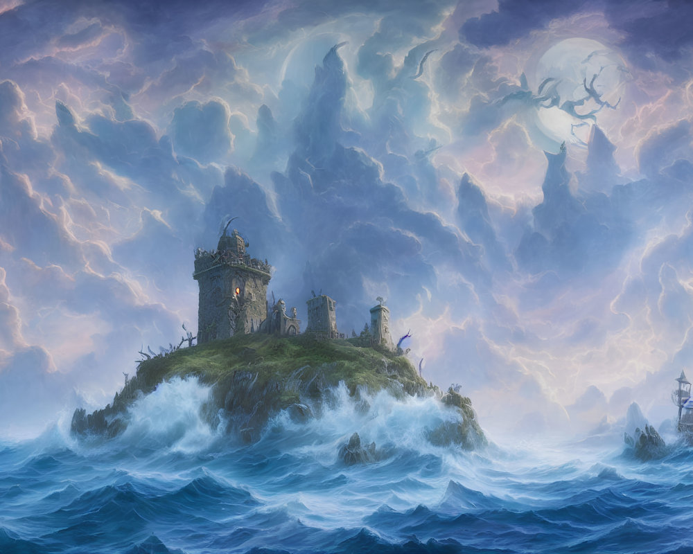 Ethereal seascape with stormy sky, full moon, castle on island, ship in distance
