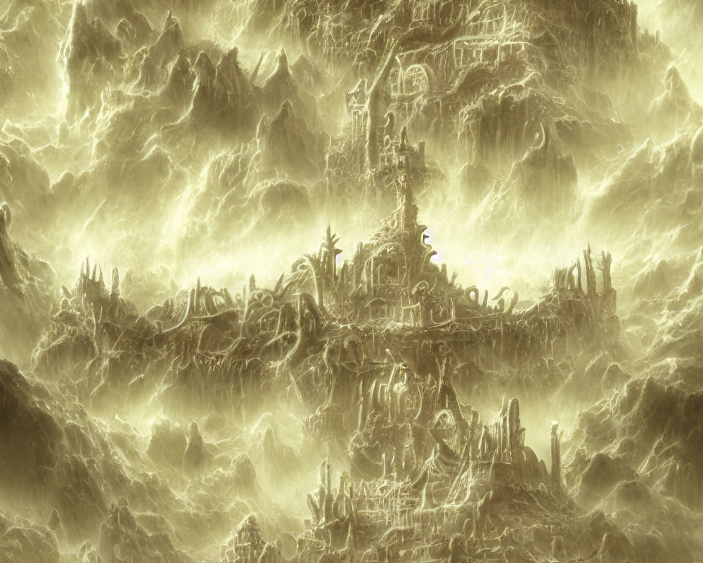 Sepia-Toned City with Intricate Architecture on Wave-Engulfed Cliffs