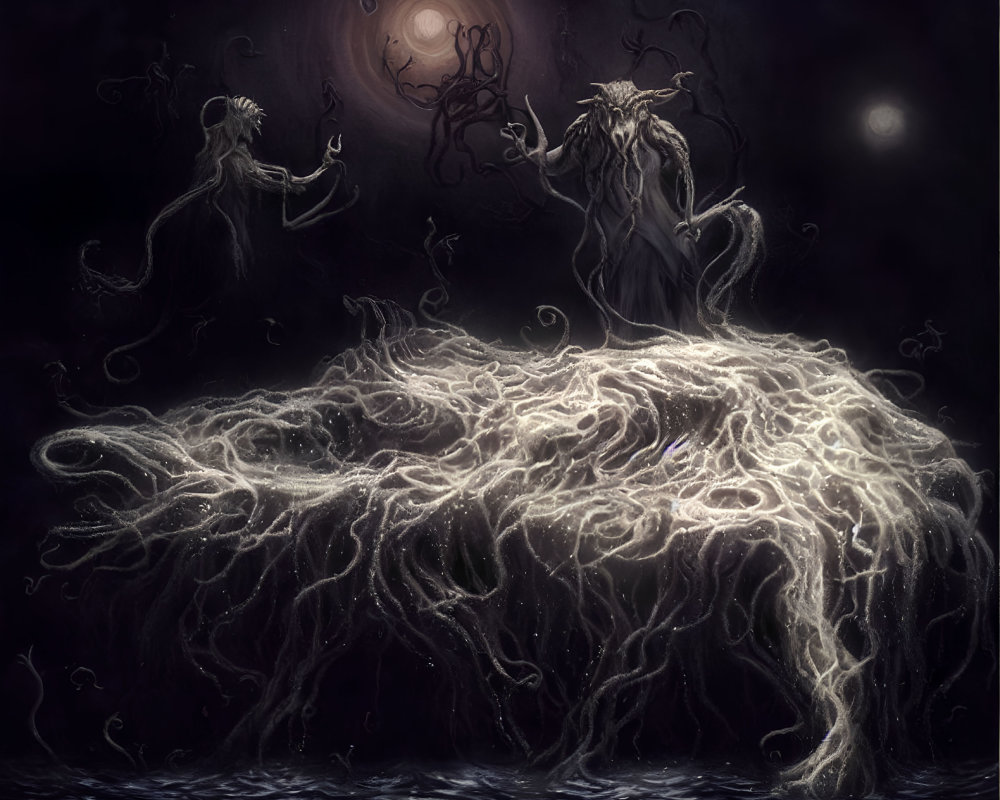 Ghostly figures with tangled hair float above spectral tendrils in moonlit scene