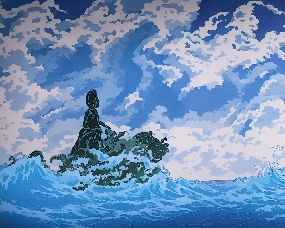 Stylized illustration of person surfing large wave under cloudy sky