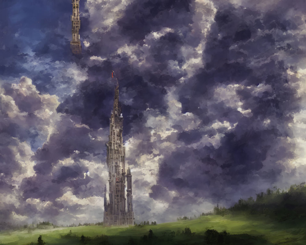 Digital Painting: Towers in Dramatic Sky Above Green Landscape