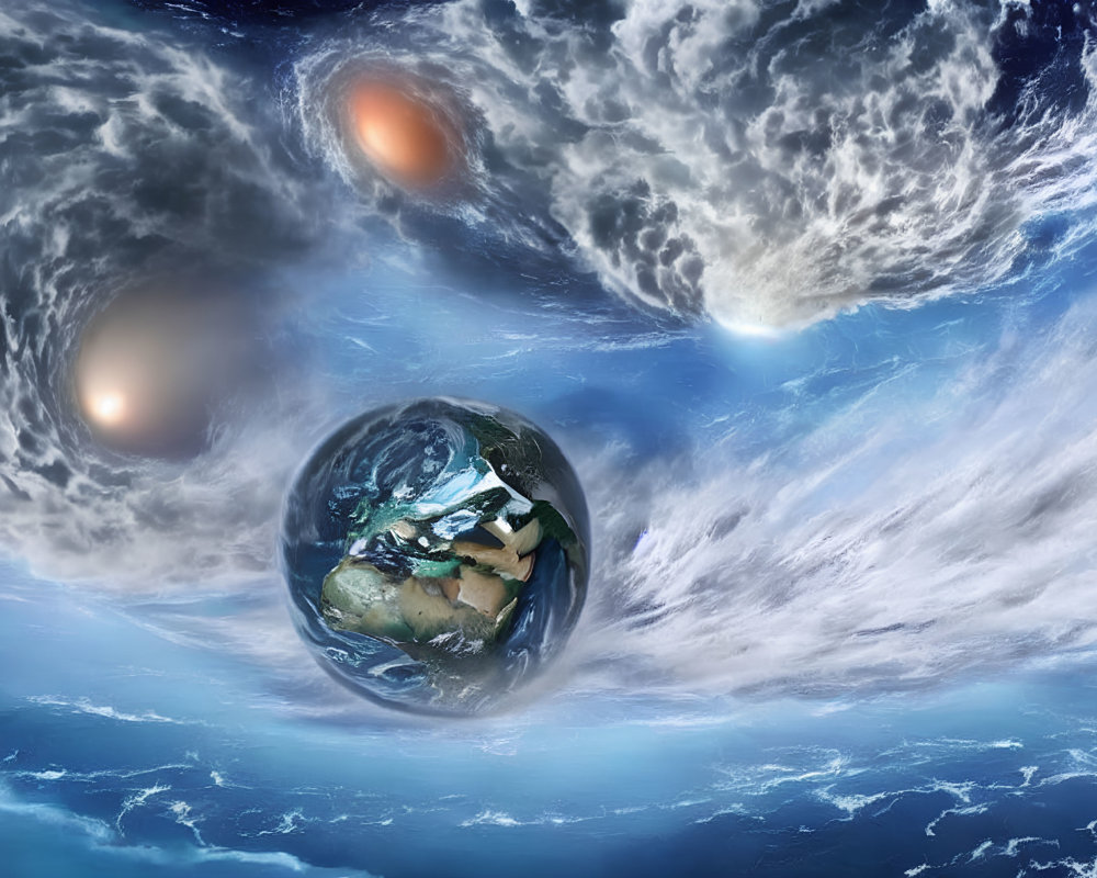 Surreal cosmic scene with Earth and celestial bodies in blue space