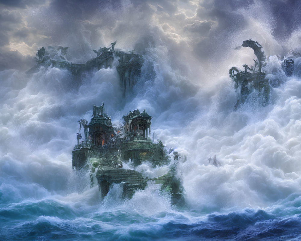 Fantastical Asian-style seascape with sea dragons and stormy waves