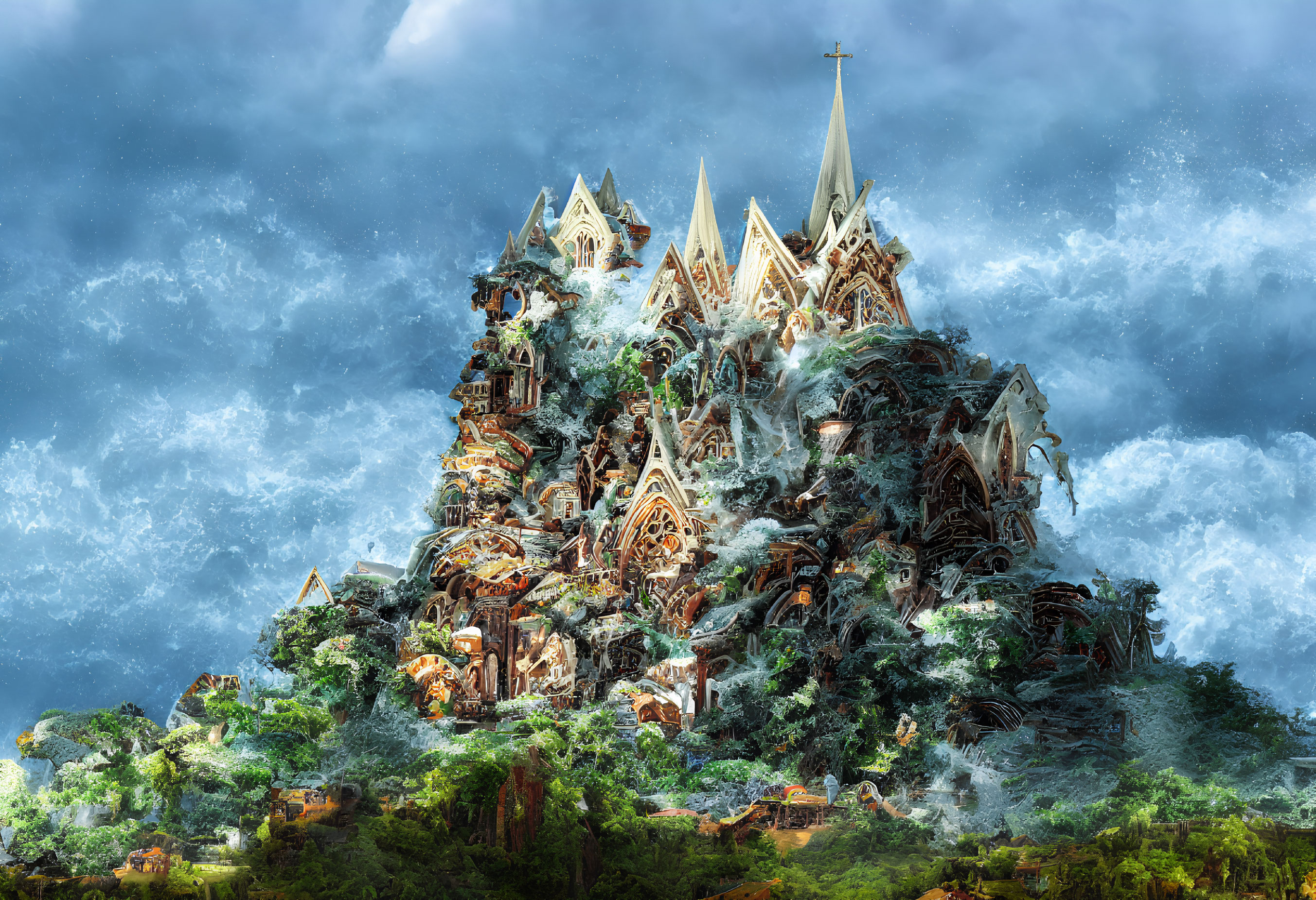 Fantasy castle with pointed spires on mountain surrounded by clouds and greenery