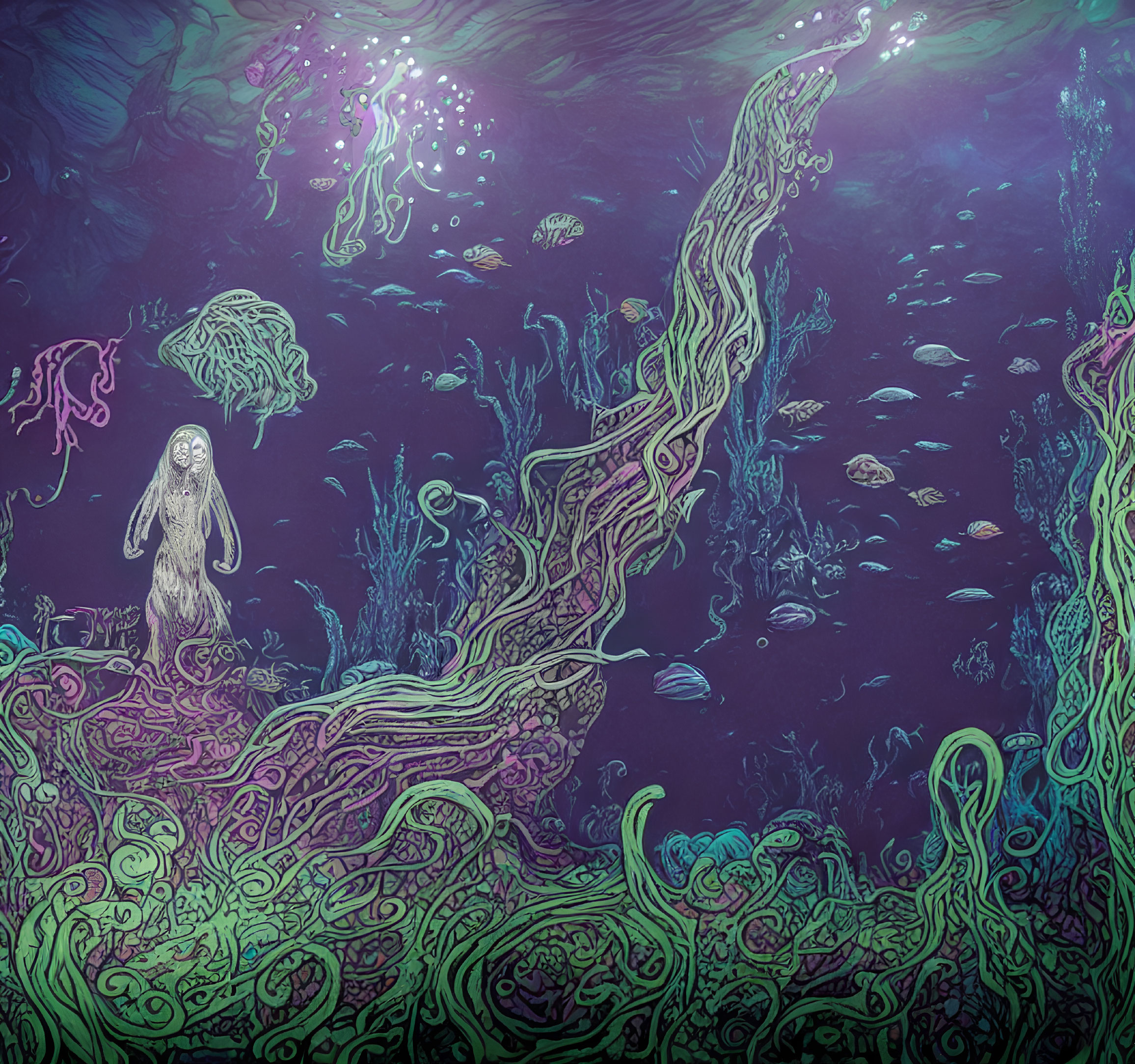 Vibrant underwater scene with jellyfish, fish, and spectral figure on coral.