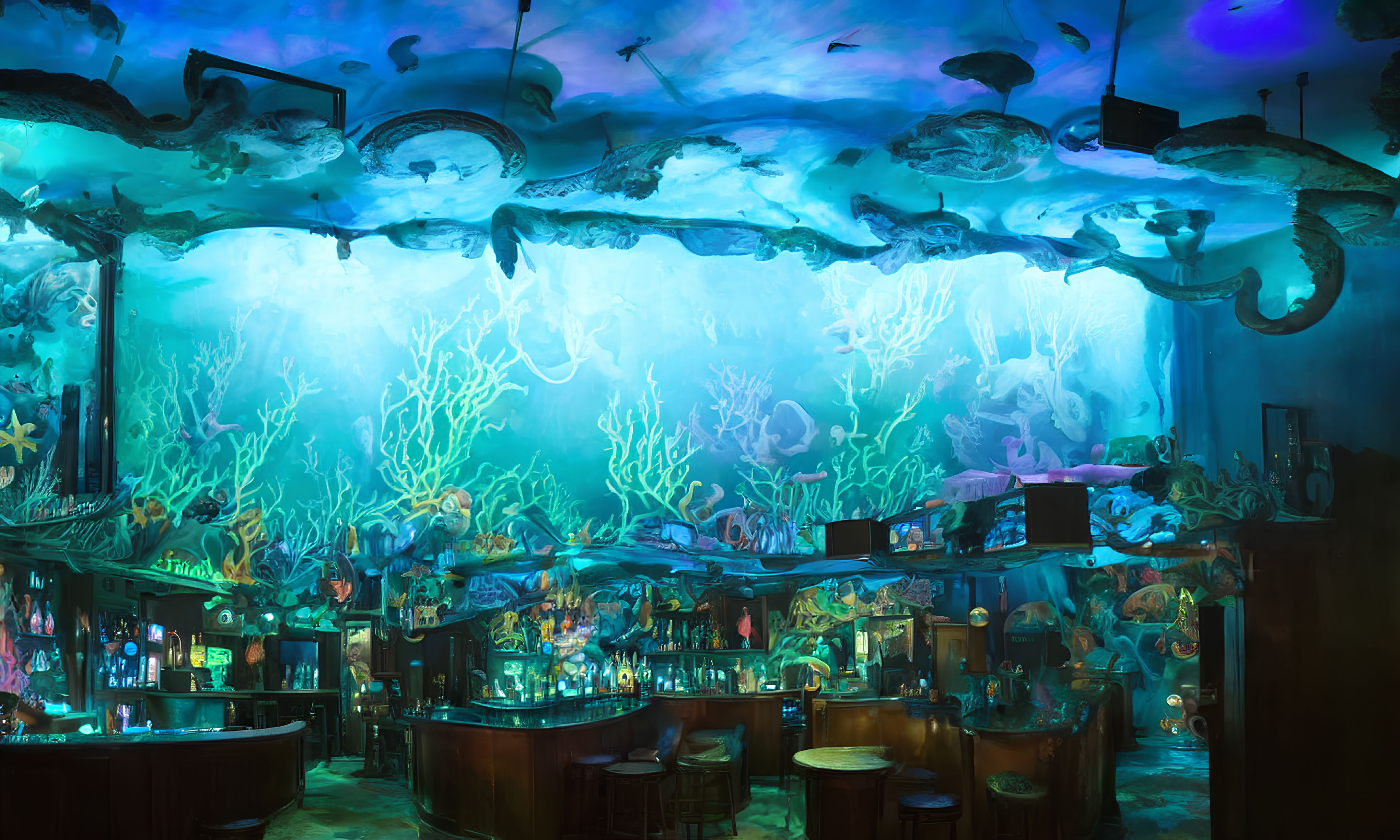 Vibrant Blue Lighting and Sea Creature Decor in Underwater Bar