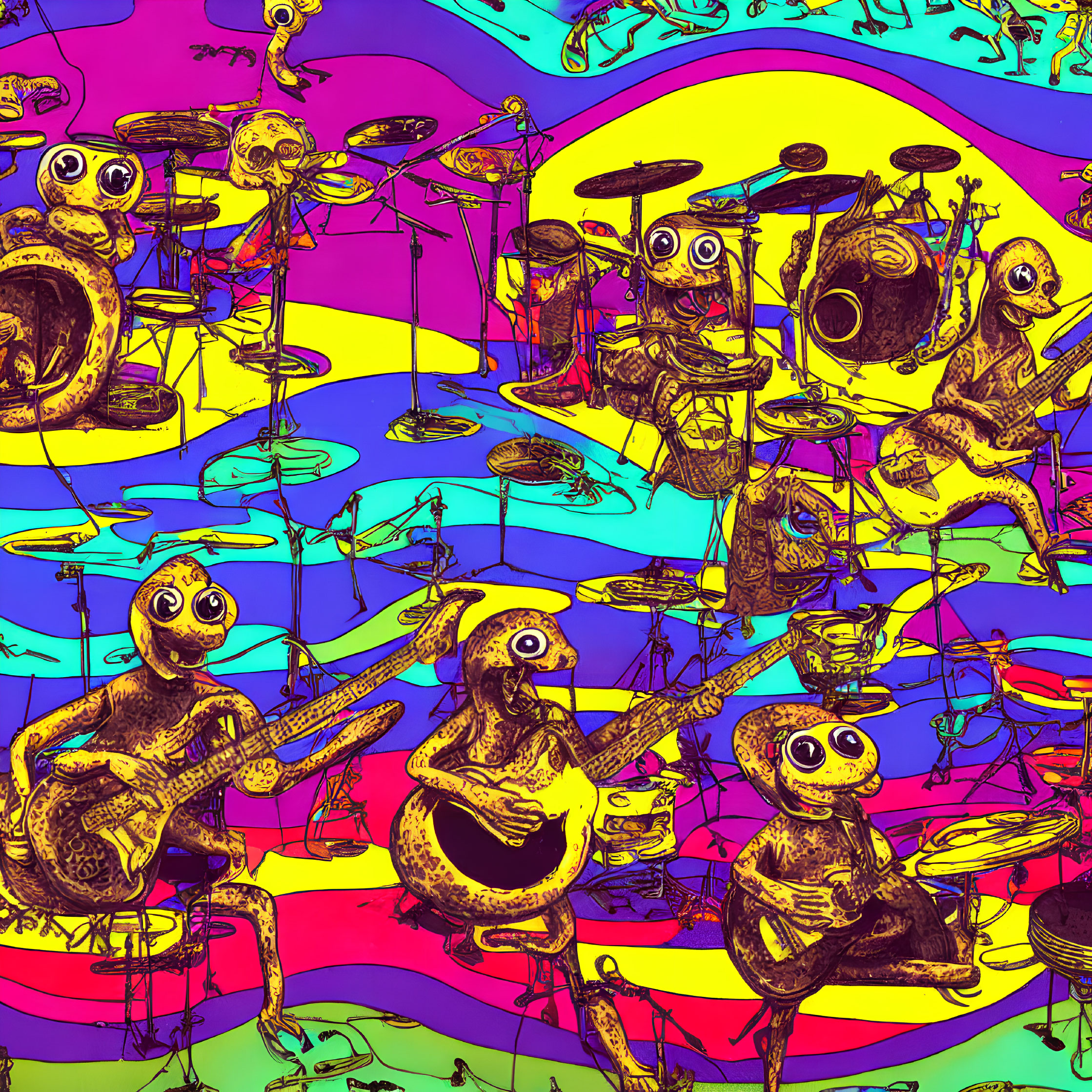 Colorful Cartoon Aliens Playing Musical Instruments on Psychedelic Background