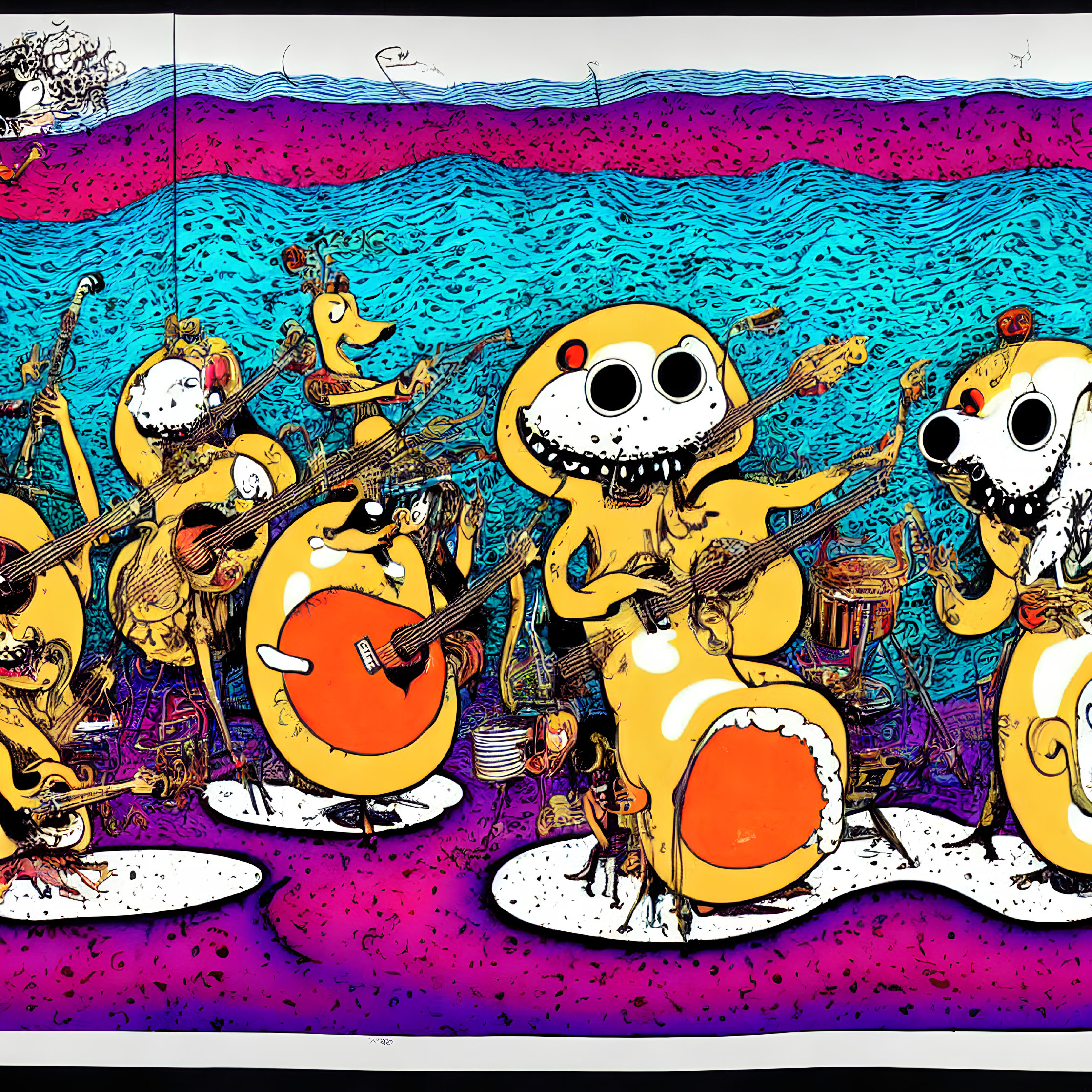 Whimsical yellow creatures playing musical instruments with blue wave