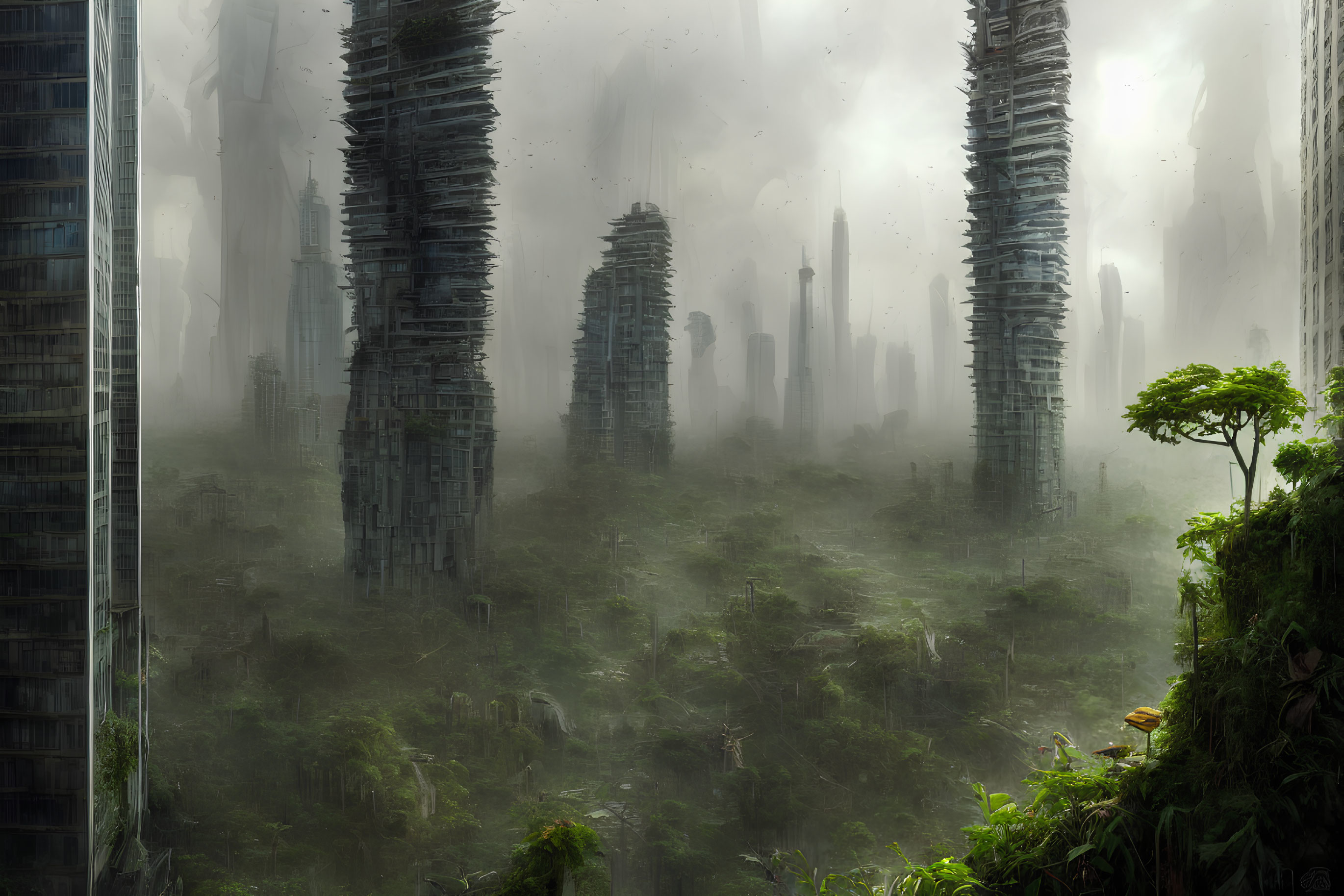 Futuristic cityscape with overgrown skyscrapers and misty atmosphere