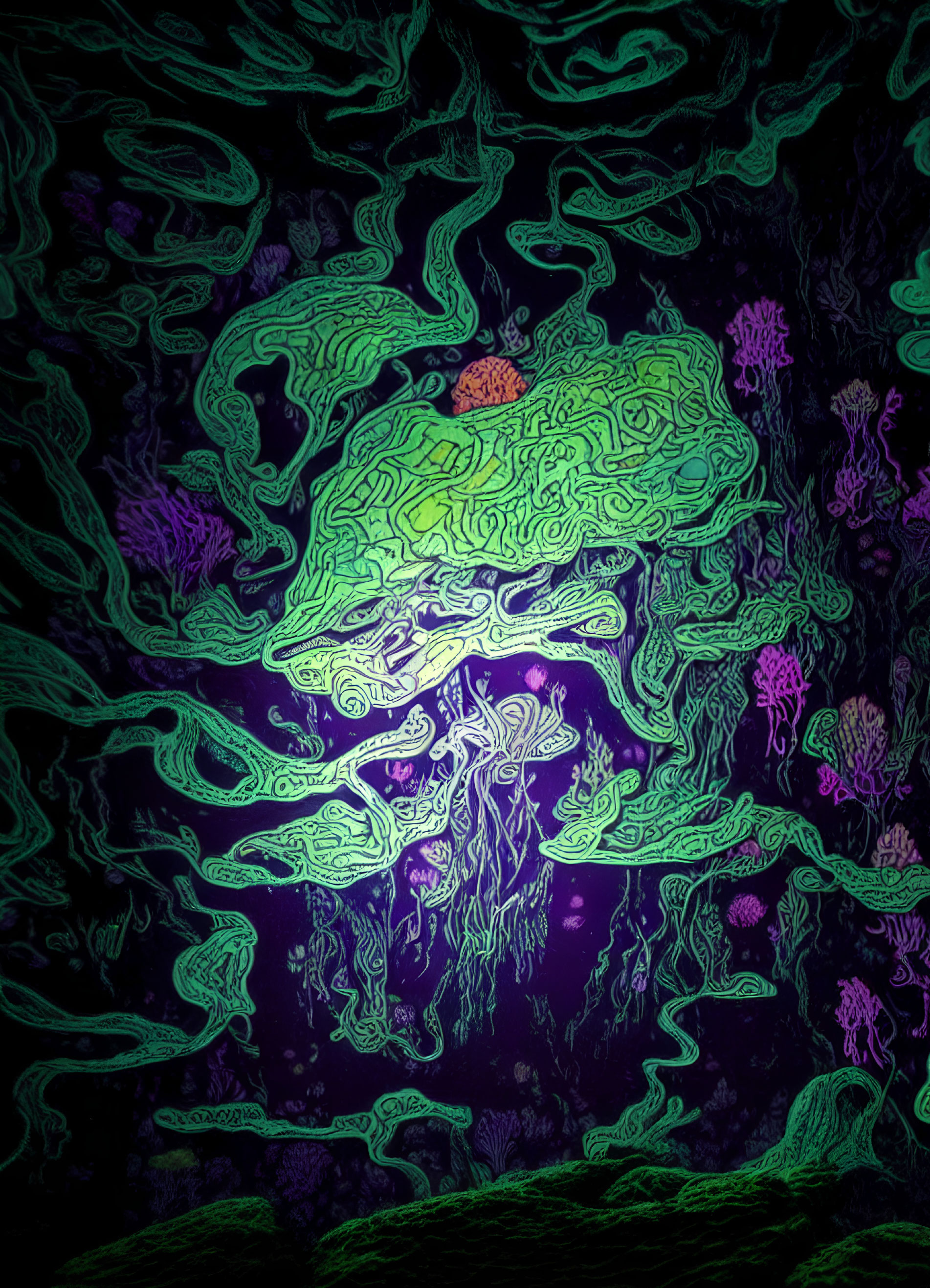 Vivid psychedelic underwater scene with neon coral patterns