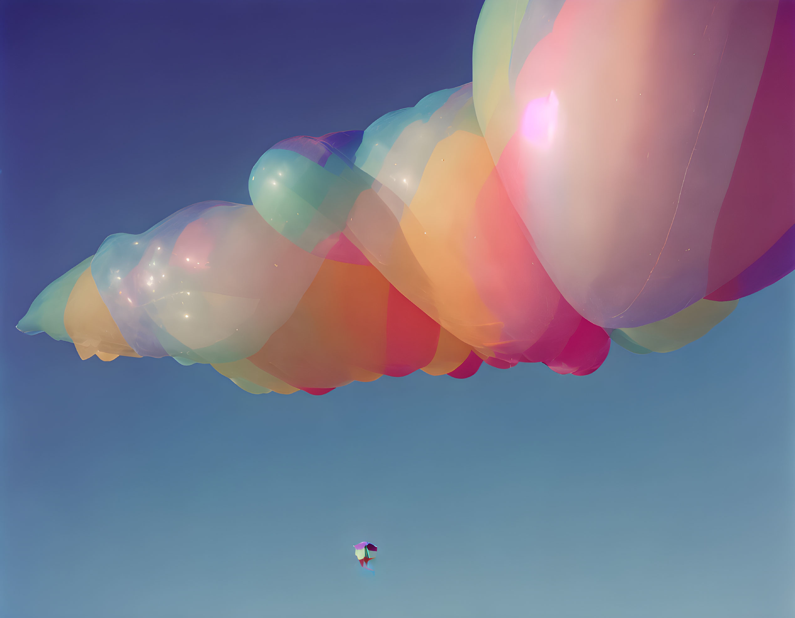 Translucent rainbow-colored balloons in clear blue sky with tiny figure