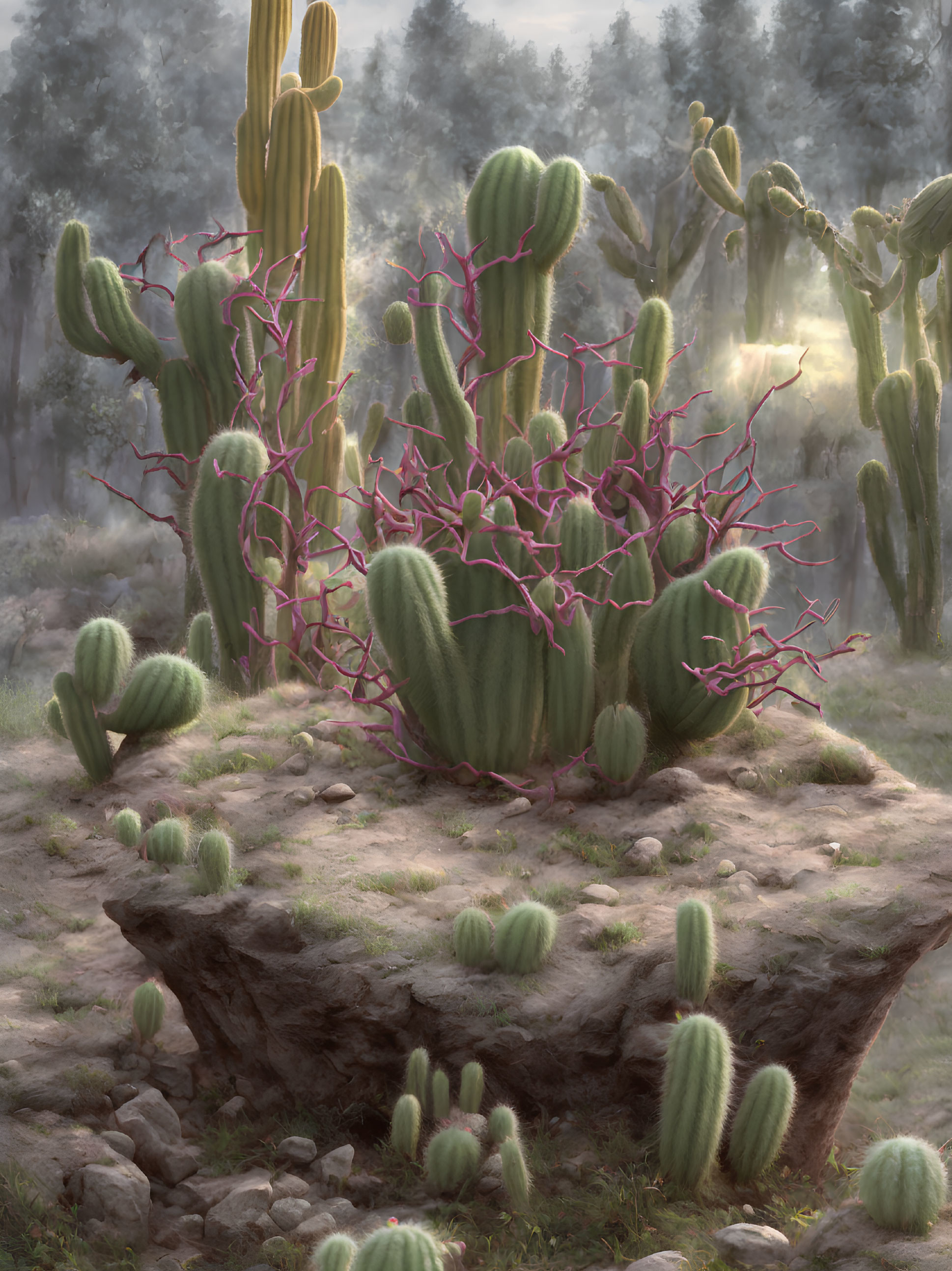 Various cacti on rocky outcrop with hazy background